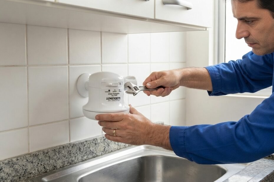 homem instalando torneira elétrica