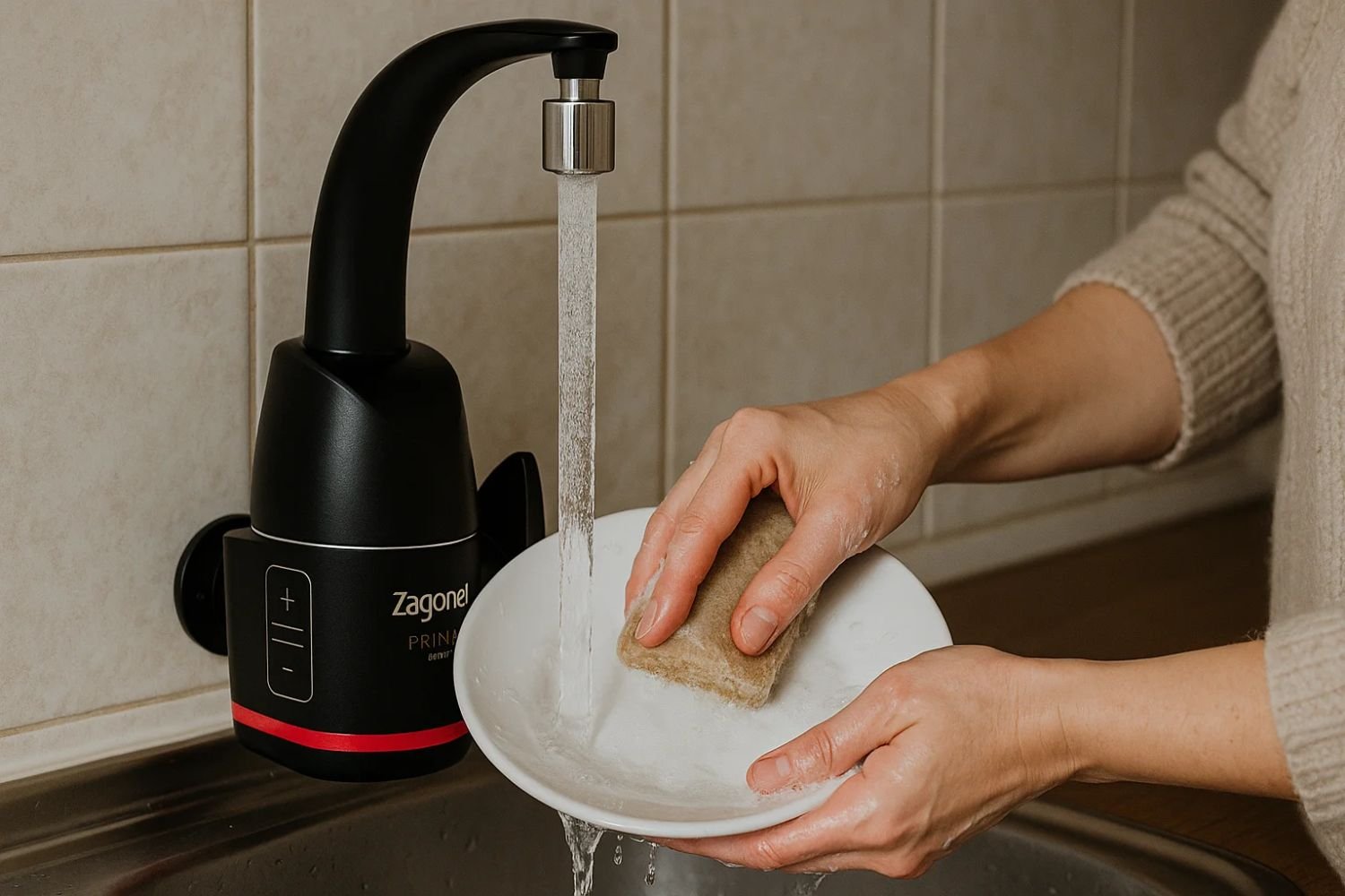 lavando louça com uma torneira elétrica