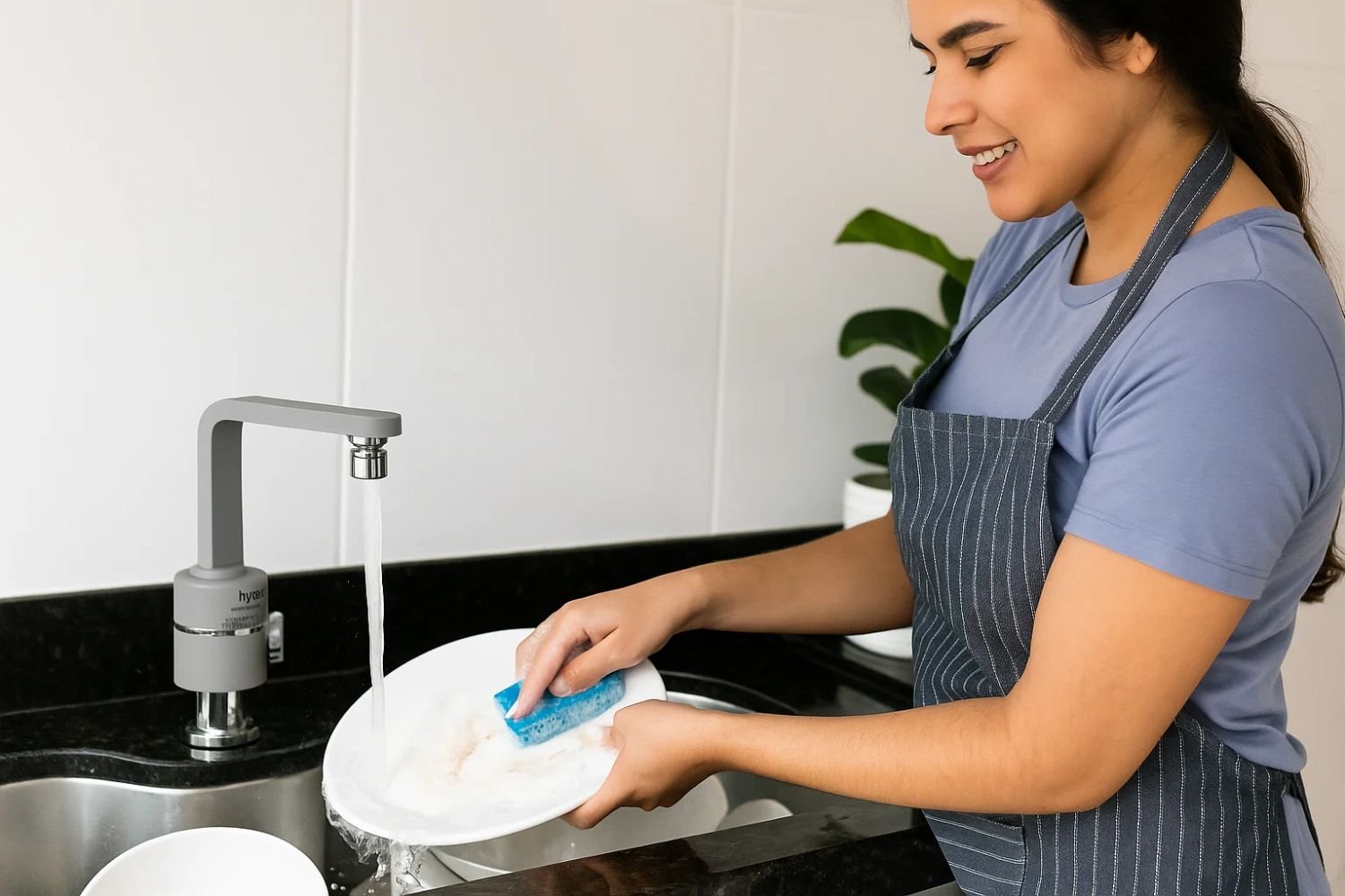 mulher lavando louça em uma torneira elétrica