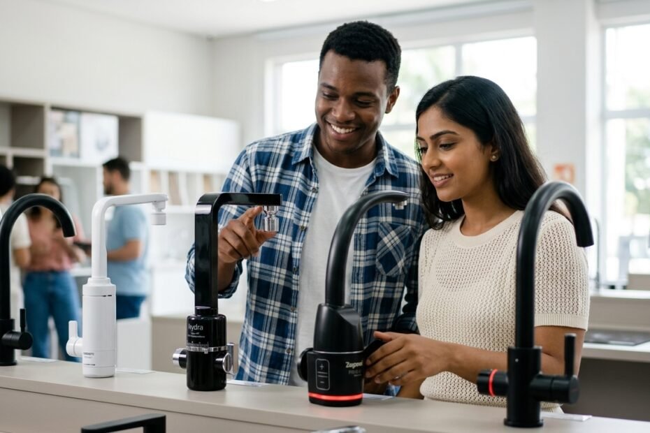 casal escolhendo uma torneira elétrica para sua nova cozinha