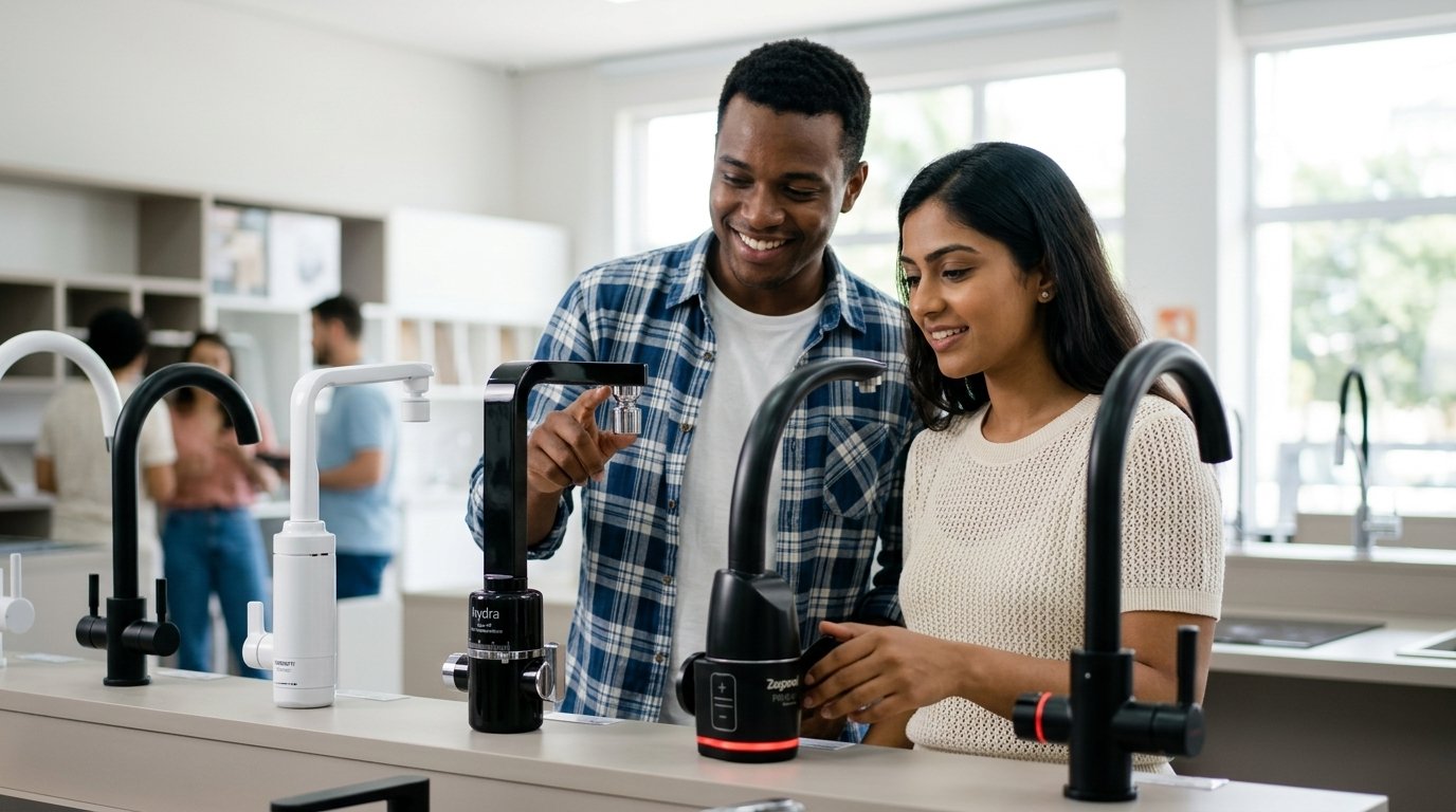 casal escolhendo uma torneira elétrica para sua nova cozinha