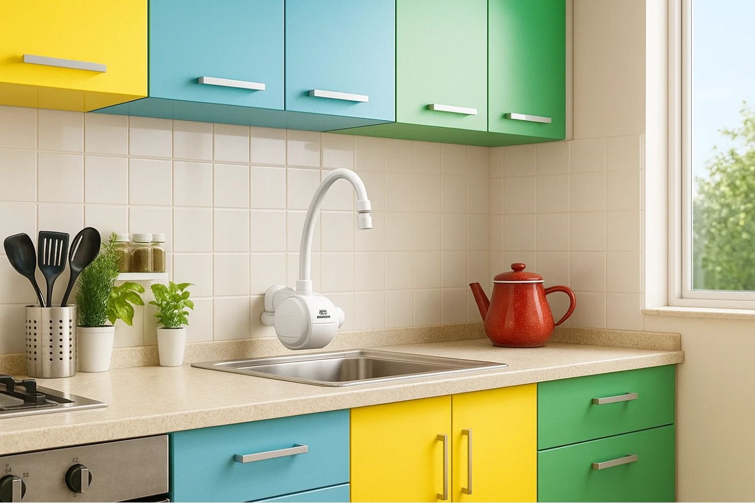 cozinha moderna equipada com uma torneira elétrica lorenzzeti